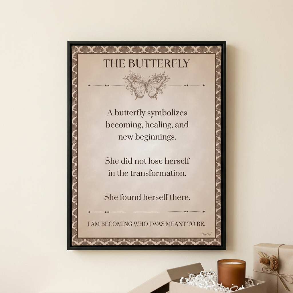 A framed typographic art print titled "THE BUTTERFLY" hangs on a beige wall above a styled surface with a candle and gift boxes. The print has a cream background, decorative border, a butterfly illustration, and centered text about transformation and self-discovery.