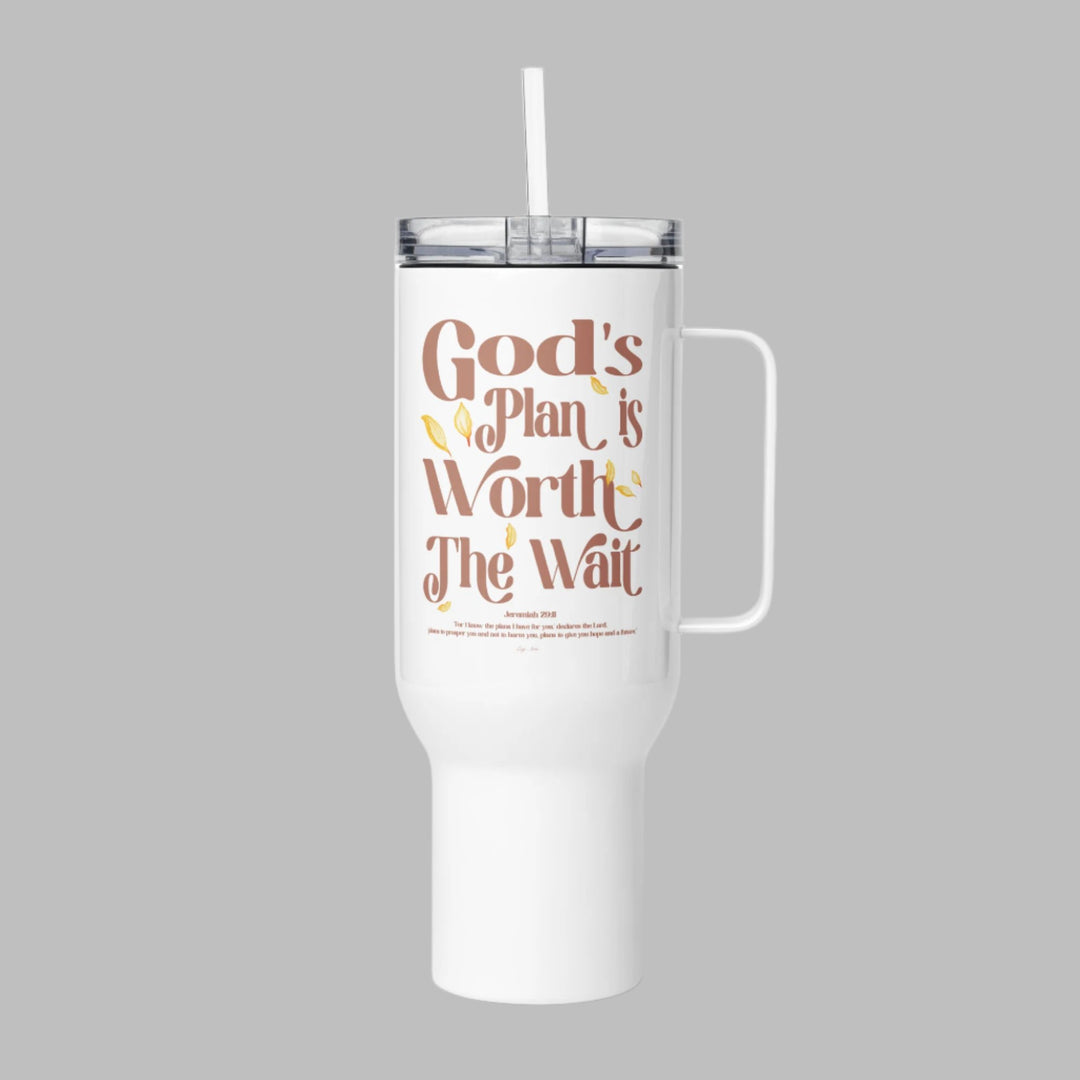 God’s Plan 40oz Tumbler Mug – front view of this mental health awareness tumbler, designed to inspire faith and well-being.

