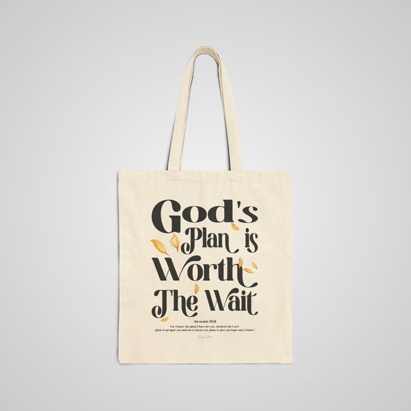 The God’s Plan Is Worth the Wait Canvas Tote Bag in natural color, featuring an uplifting faith-based message and a spacious large tote bag design.