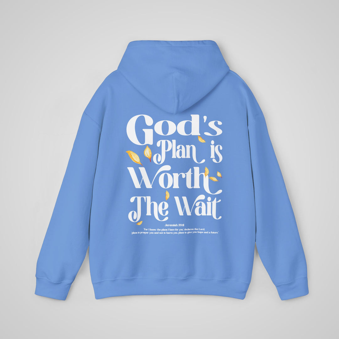 God's Plan is Worth The Wait Hoodie for Mental Health Awareness Blue - Back View