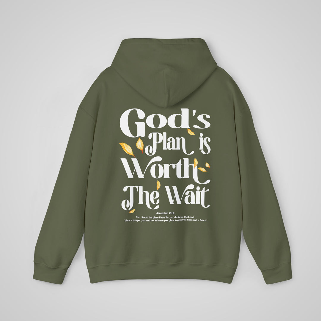 God's Plan is Worth The Wait Hoodie for Mental Health Awareness Green - Back View