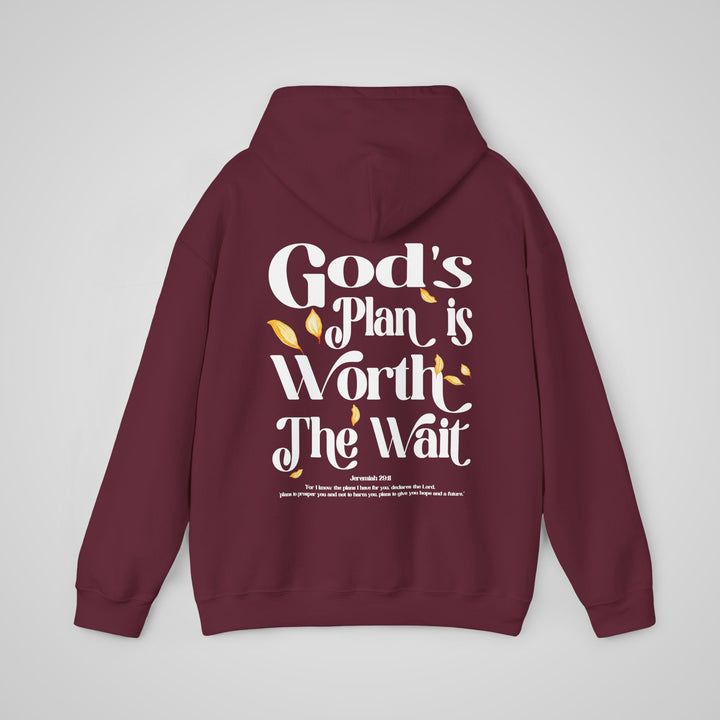 God's Plan is Worth The Wait Hoodie for Mental Health Awareness Maroon - Back View