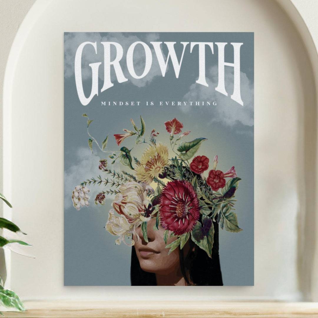 Growth Mindset Is Everything Mental Health Wall Art in an 18"x24" size, featuring a floral design and an uplifting message to inspire positivity and self-growth.