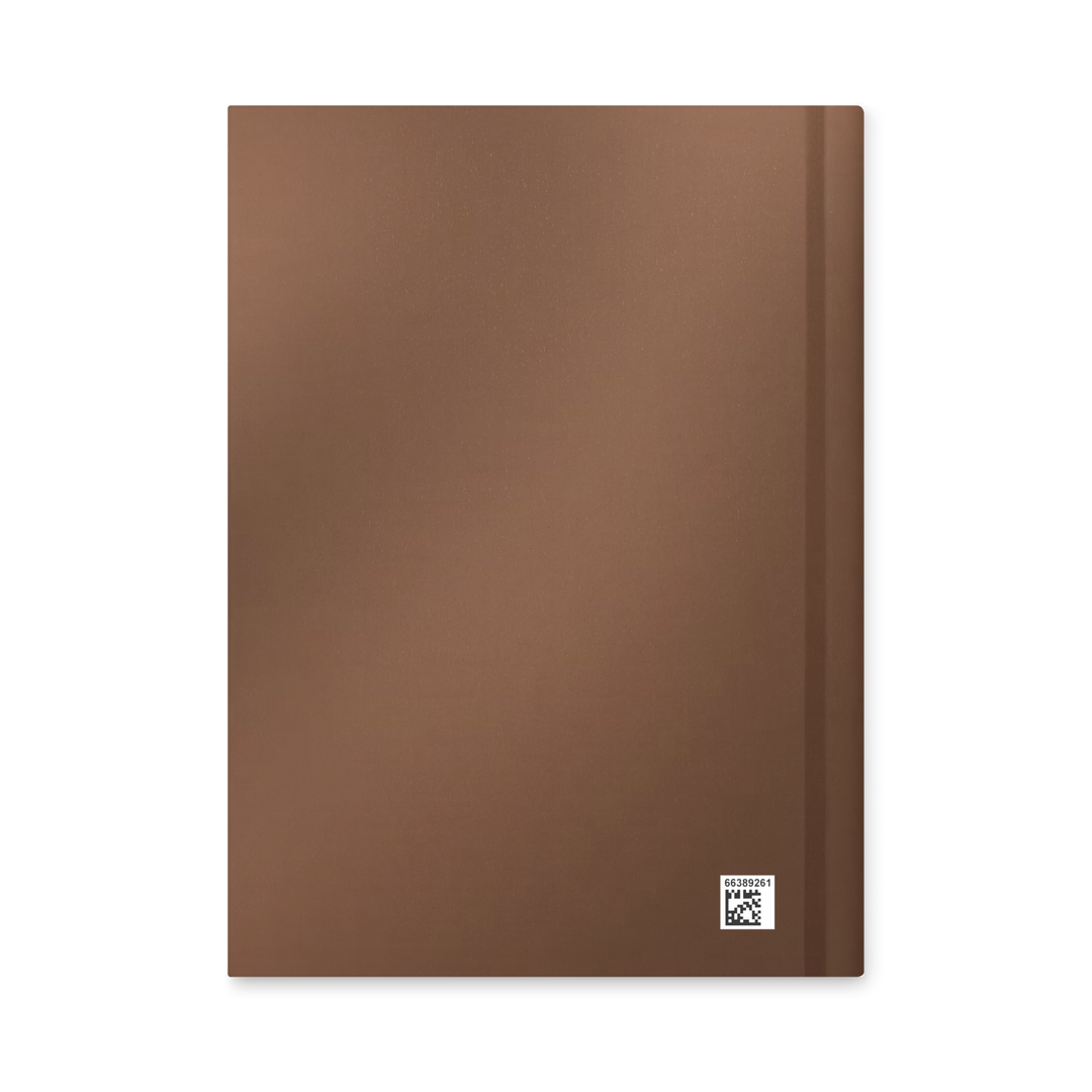 Brown notebook with a visible brand logo on a white background