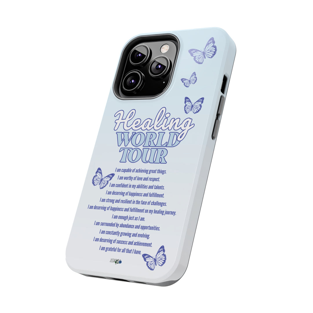 Backside angle of the Healing World Tour iPhone case, displaying its smooth finish and precise cutouts.
