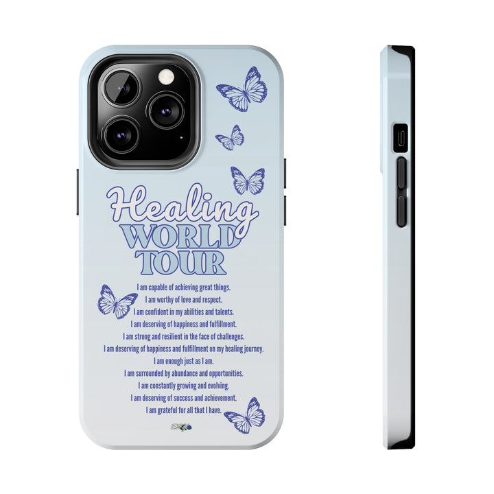 Close-up view of the Healing World Tour iPhone case, showcasing the fine details and durable material.
