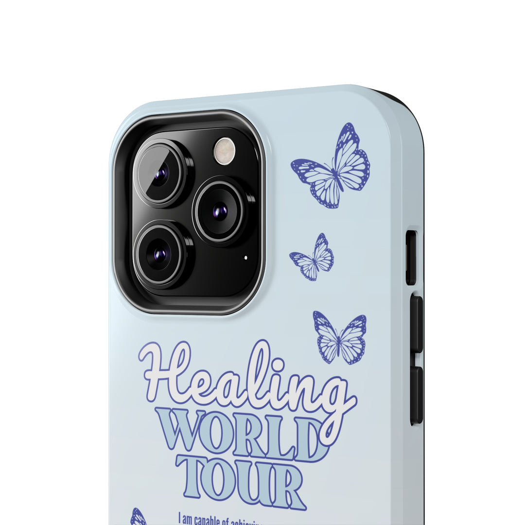 Top close-up view of the Healing World Tour iPhone case, emphasizing its seamless fit and sturdy edges.