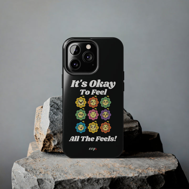  Another lifestyle shot of the It’s Okay to Feel All the Feels iPhone case, showcasing its vibrant design in action