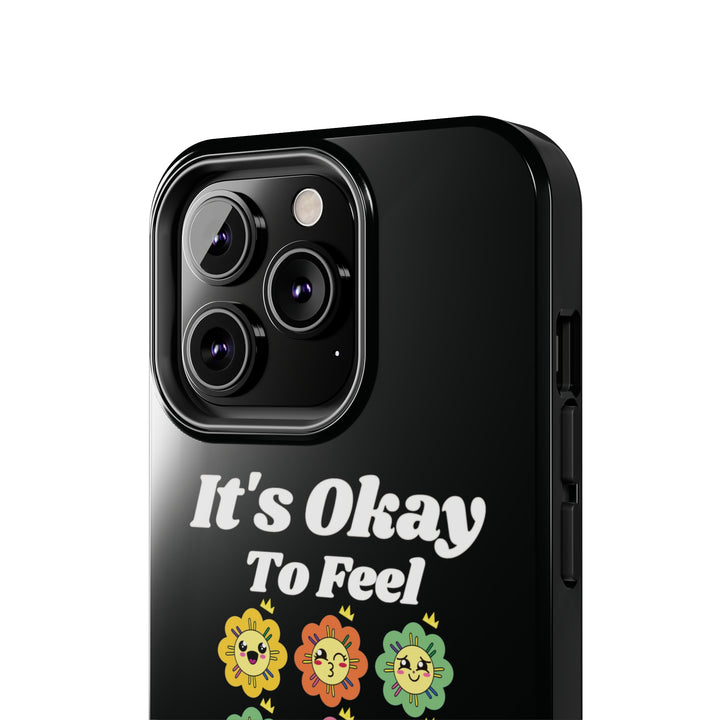 Top close-up of the It’s Okay to Feel All the Feels iPhone case, showcasing precision cutouts for easy access.