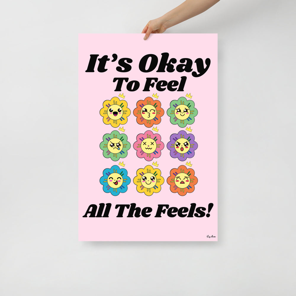  It’s Okay To Feel All The Feels mental health wall art in an 18x24 black frame, bringing positivity to therapy spaces and homes.
