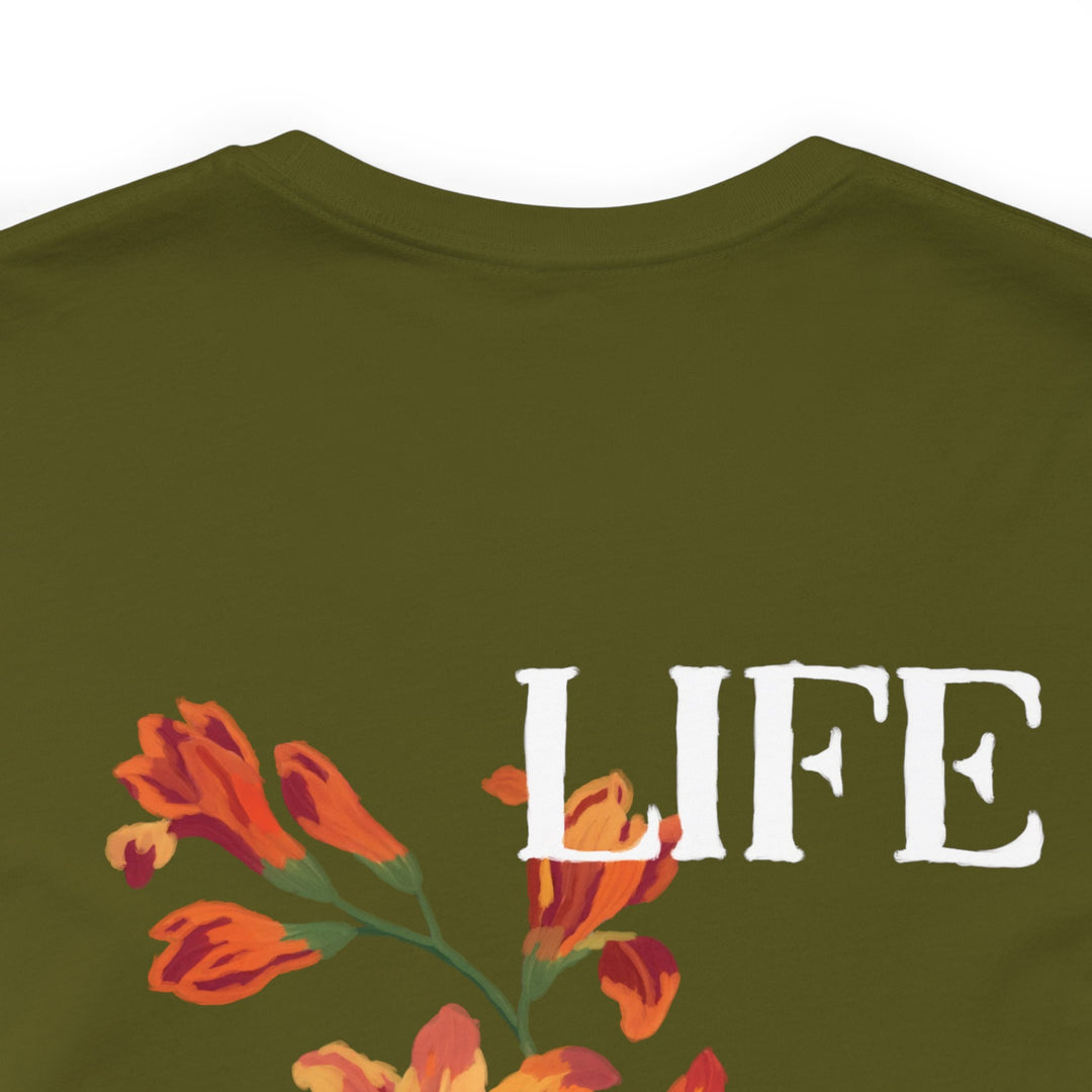 Close-up of Life Is Good olive green mental health awareness t-shirt, highlighting its positive message and durable fabric.