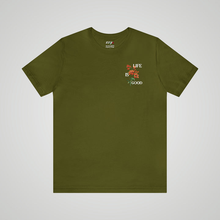 Life Is Good olive green mental health awareness t-shirt – front view, a lightweight and comfortable graphic tee promoting mental health awareness.