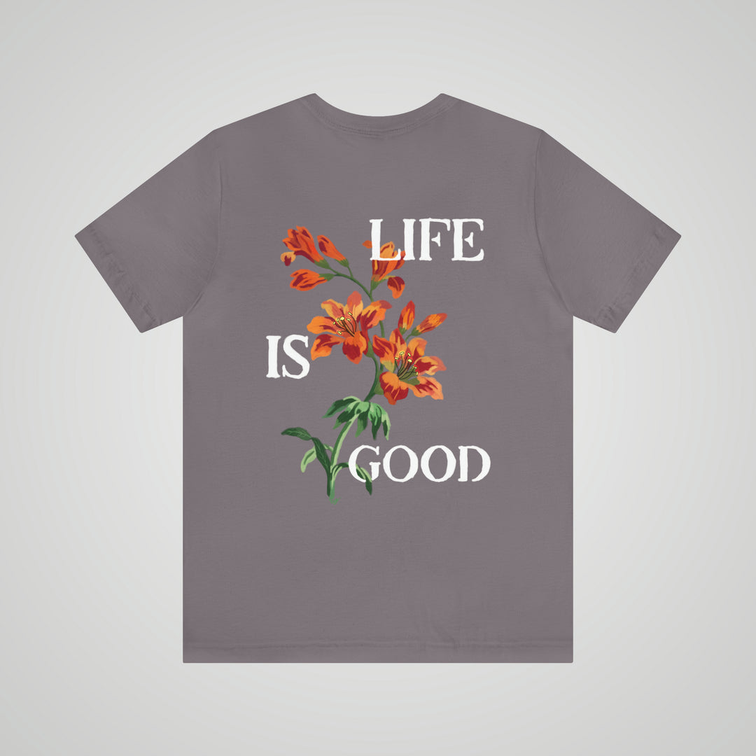 Life Is Good steel blue mental health awareness t-shirt – back view, a premium self-care shirt for mental well-being advocates.