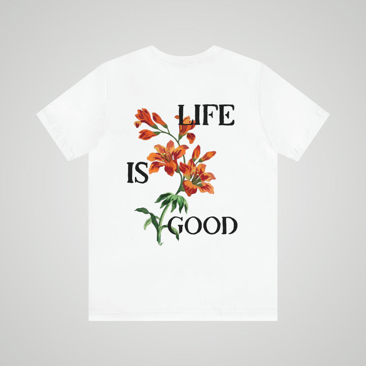 Life Is Good white mental health awareness t-shirt – back view, a breathable and stylish graphic tee for self-care awareness.