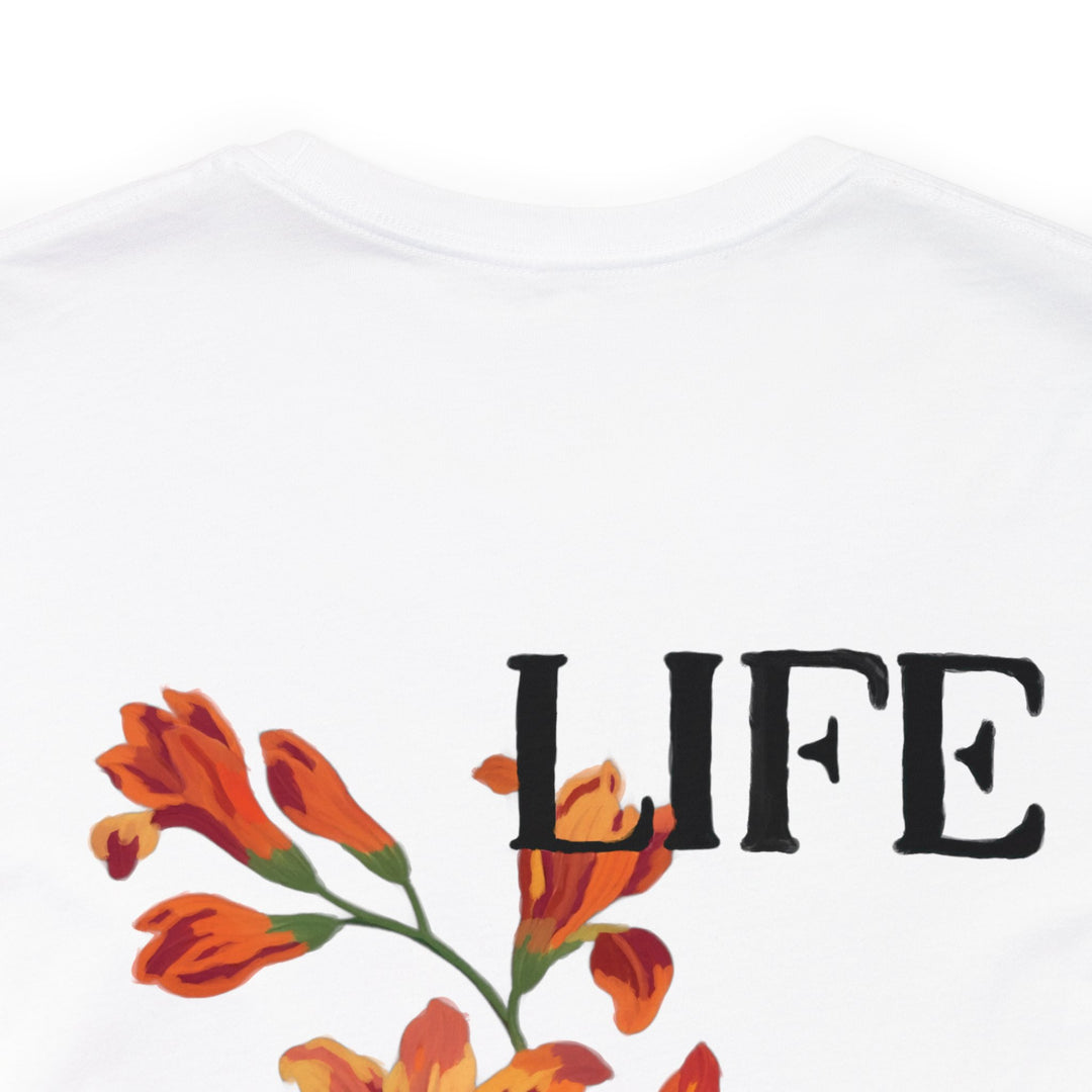 Close-up of Life Is Good white mental health awareness t-shirt, showcasing high-quality print and lightweight fabric.