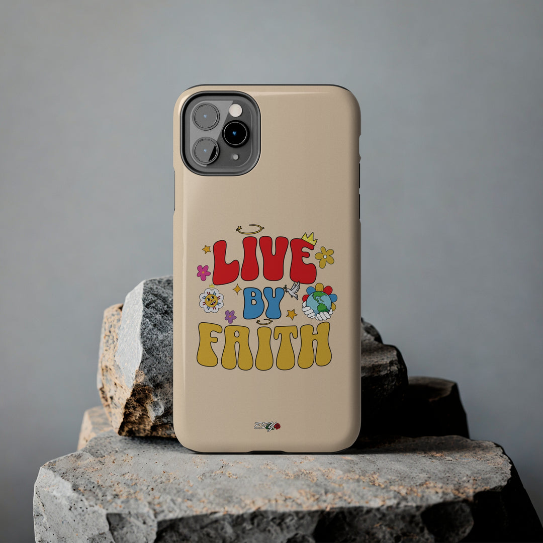 A stylish and inspiring Live By Faith iPhone Case in use, emphasizing its faith-driven message and elegant design.
