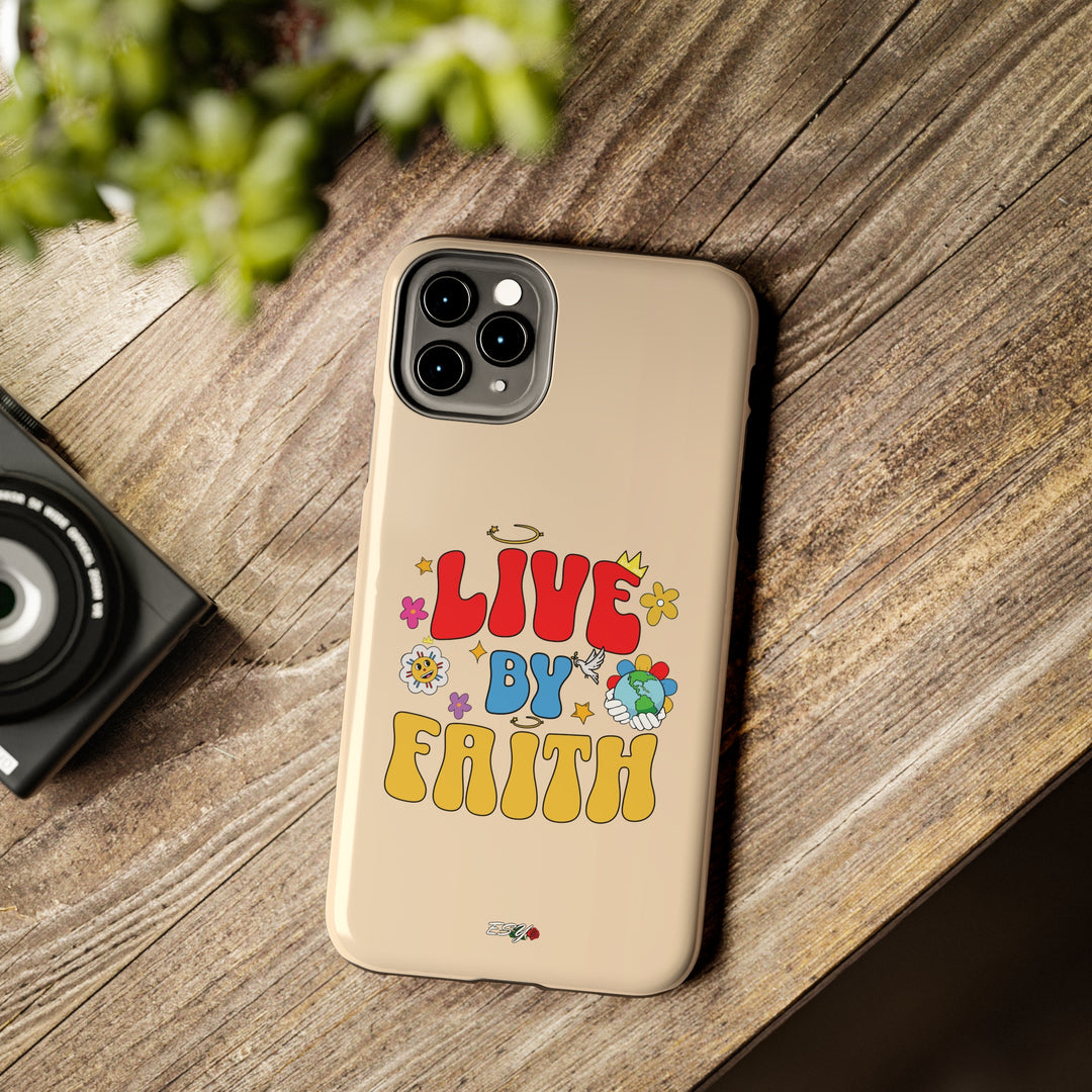 The Live By Faith iPhone Case in an everyday setting, showcasing its meaningful and inspirational message.
