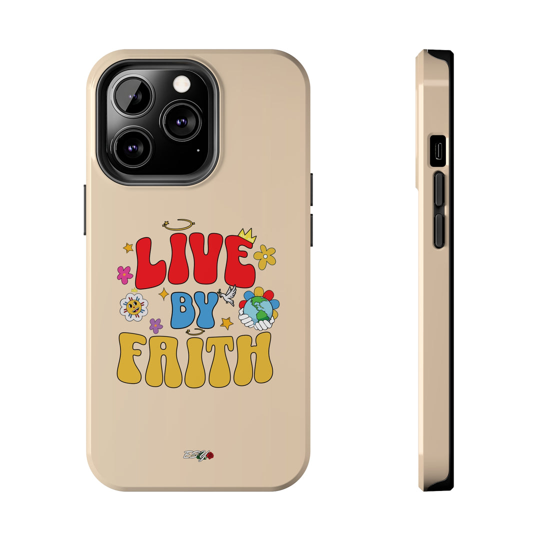 A detailed top closeup of the Live By Faith iPhone Case, showing its snug fit, smooth edges, and scratch-resistant design.