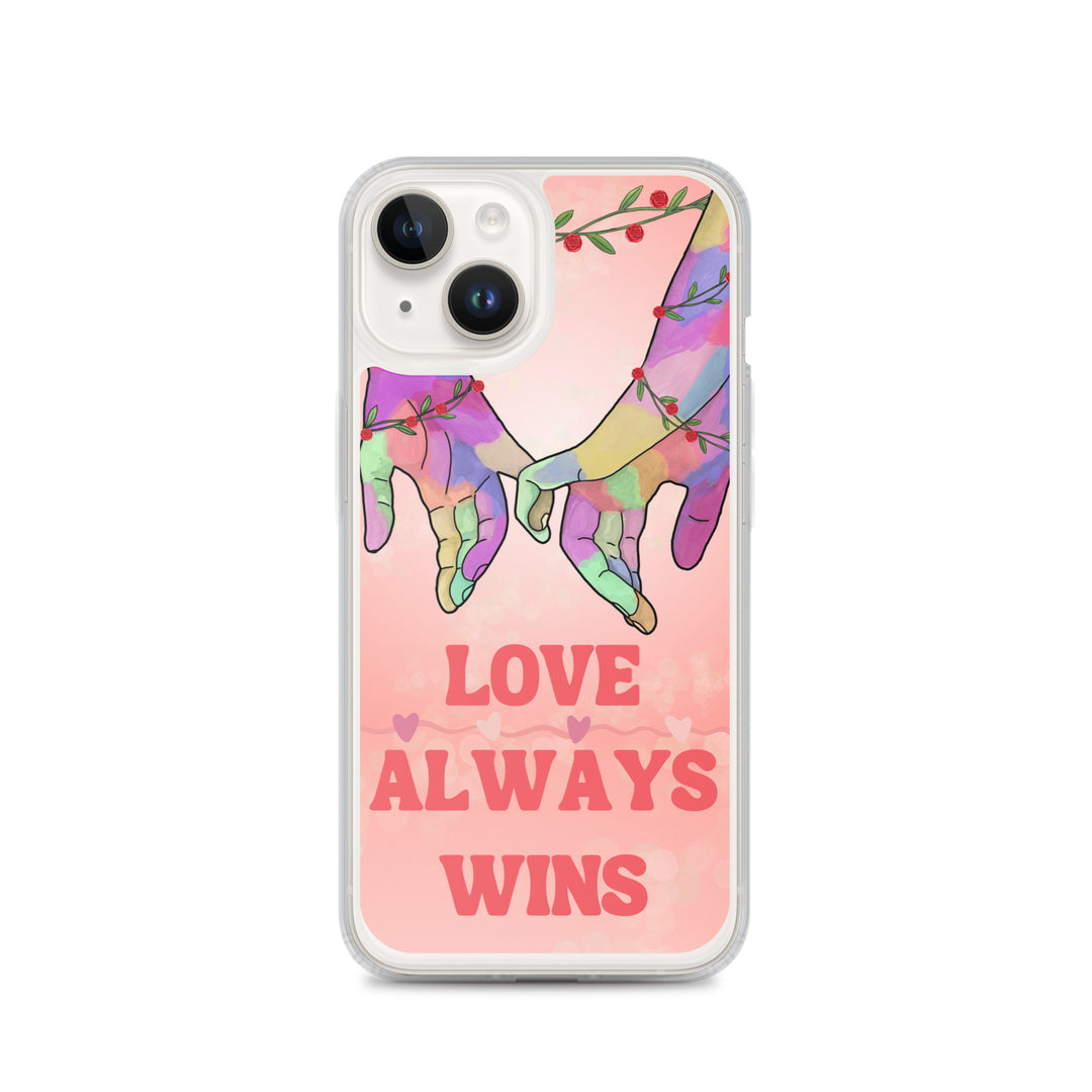 Back view of the Love Always Wins iPhone Case, featuring a hand-holding design with roses, symbolizing love and unity for iPhone 12 and iPhone 13.
