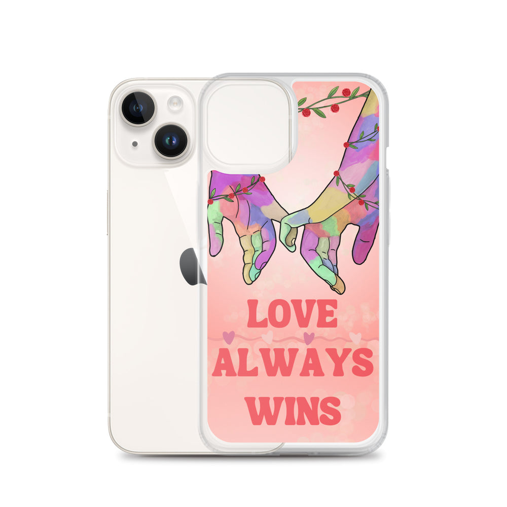 The Love Always Wins iPhone Case in an everyday setting, highlighting its romantic and meaningful design on a protective case.
