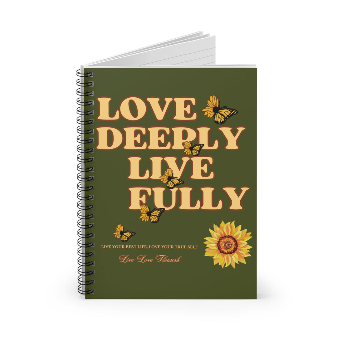 The Love Deeply Live Fully Mental Health Notebook, a spiral-bound journal designed for positivity, mindfulness, and self-reflection.