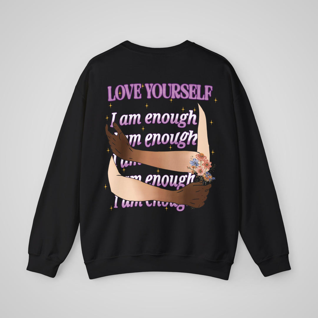 Black graphic crew neck sweatshirt – v view with a positive Love Yourself print.