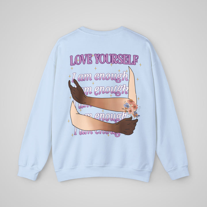 Light Blue trendy graphic sweatshirt – Back view with a Love Yourself design for men & women.