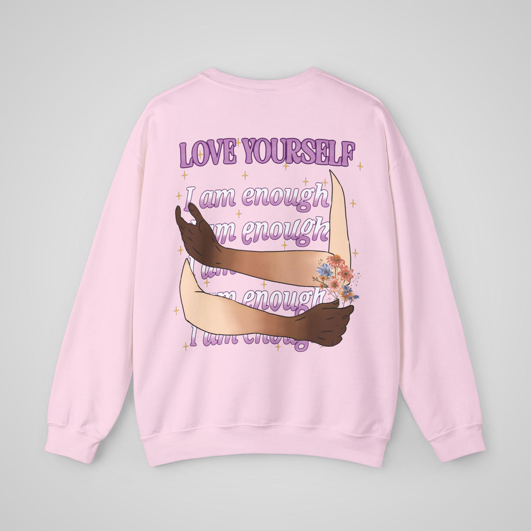 Light Pink women's graphic sweatshirt – Back view spreading self-care and mental health awareness.