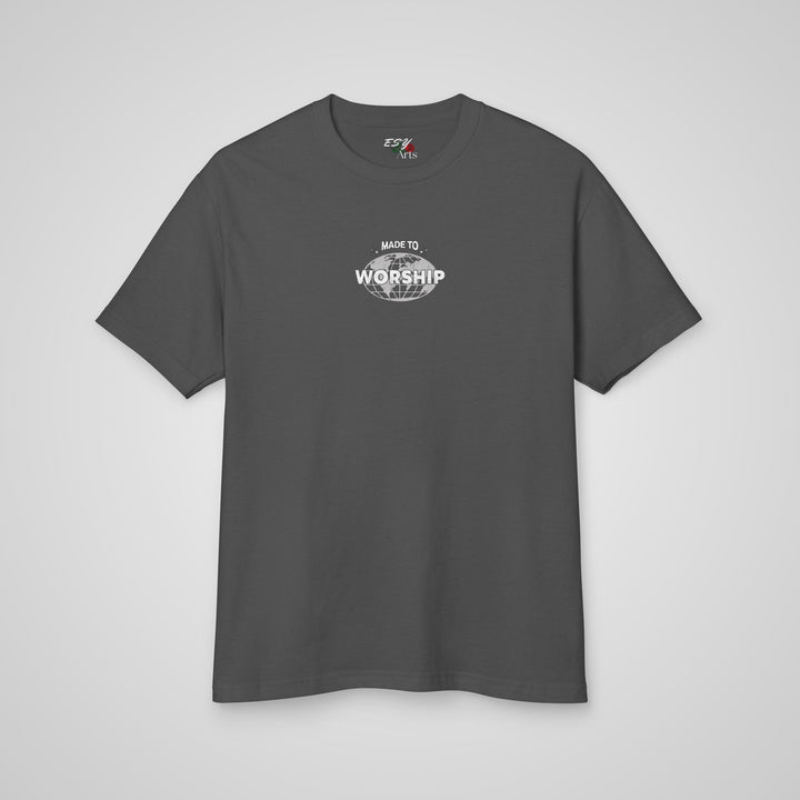 Front view of the Made to Worship graphic t-shirt in faded black, a stylish faith-inspired t-shirt for men and women.