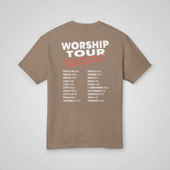 Back view of the Made to Worship graphic t-shirt in faded brown, a streetwear-inspired t-shirt with a spiritual message.