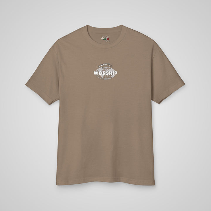 Front view of the Made to Worship unisex t-shirt in faded brown, a perfect awareness t-shirt for expressing faith.