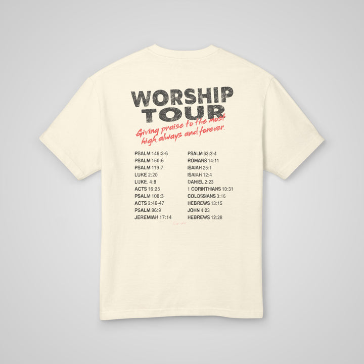 Back view of the Made to Worship graphic t-shirt in faded cream, a faith-based t-shirt for daily wear.