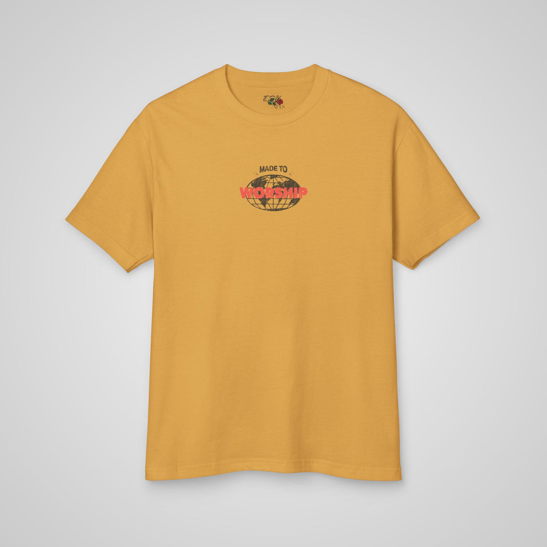 Front view of the Made to Worship faith t-shirt in faded mustard, a stylish streetwear t-shirt with an empowering message.