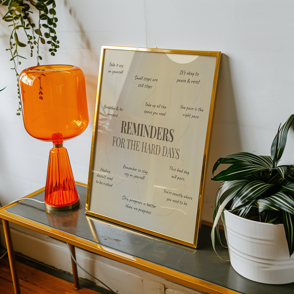 A cozy home setting featuring mental health artwork with daily affirmations, creating a warm and positive space for self-care.