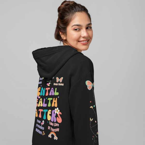 Model Wearing Mental Health Matters Hoodie for Mental Health Awareness - Side View