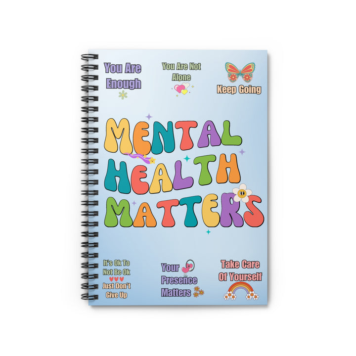 The Mental Health Matters Notebook, a spiral-bound journal designed for self-care, mindfulness, and mental wellness.