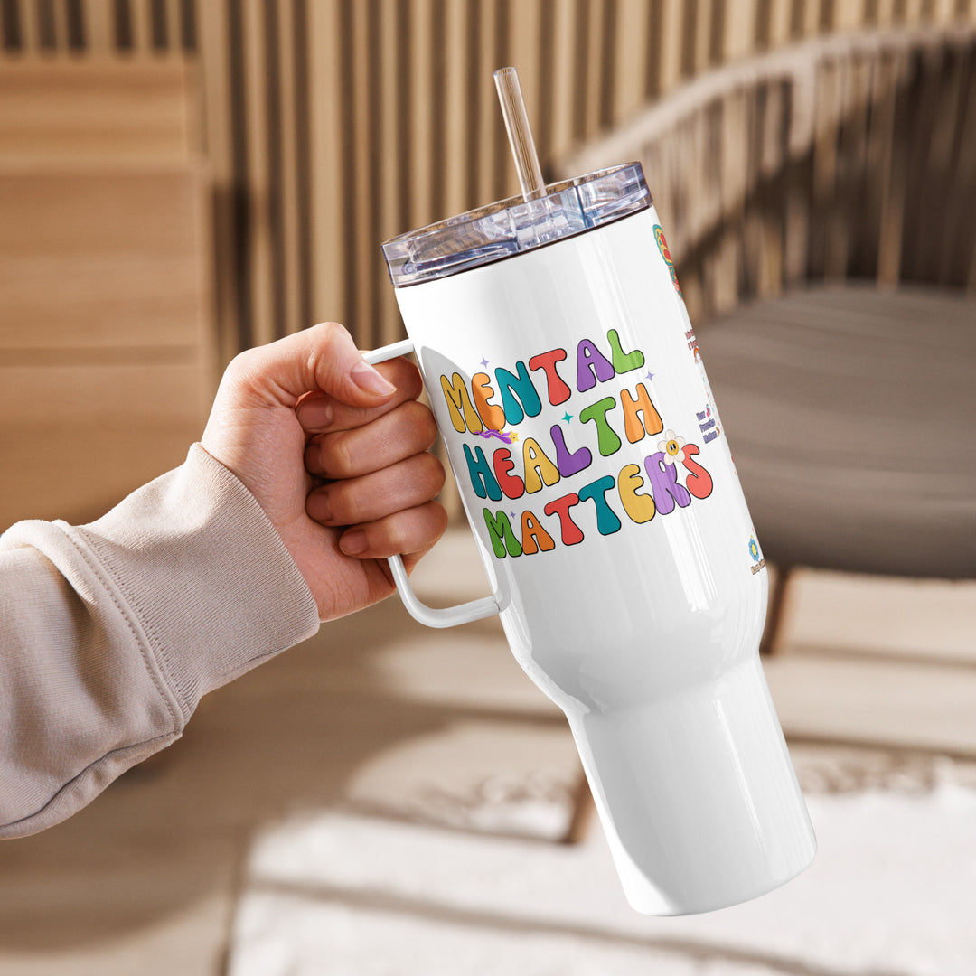  Closeup of the mental health tumbler cup, featuring high-quality stainless steel and vibrant design.
