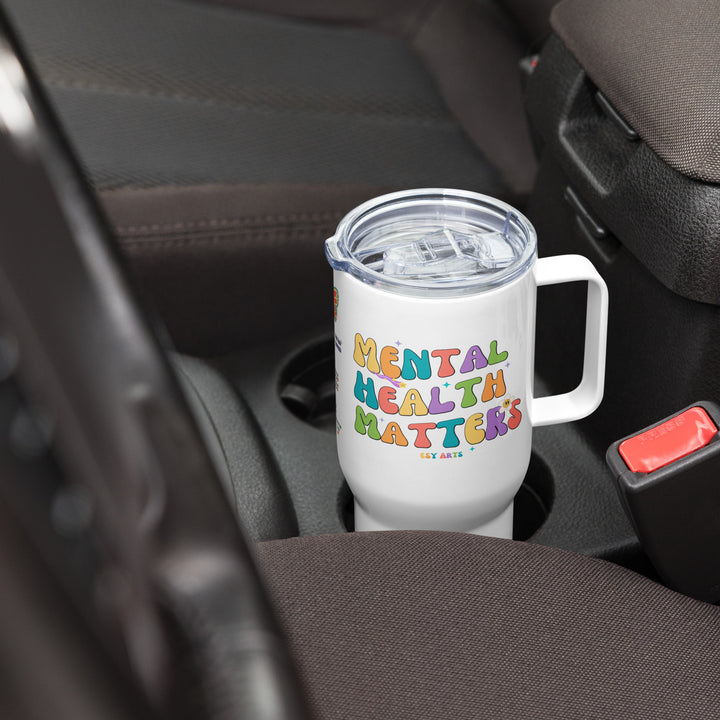 Tumbler mental health edition, fitting perfectly in a car cup holder for on-the-go hydration.

