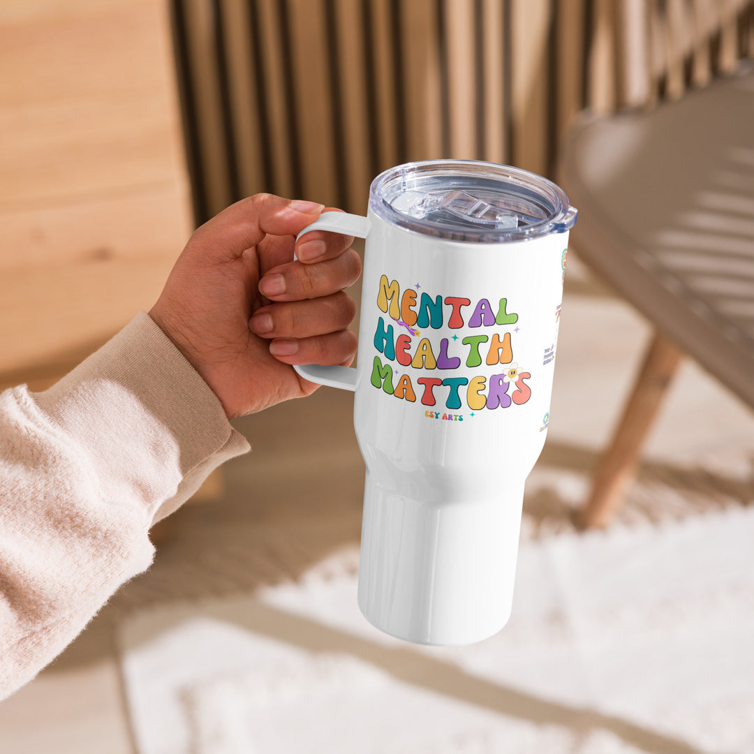 Mental health awareness tumbler in a lifestyle setting, inspiring conversations about self-care and positivity.

