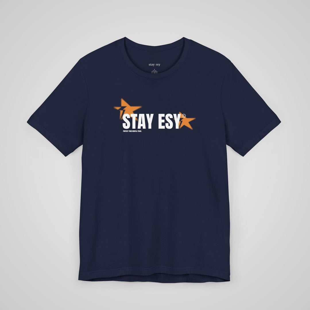 Front view of navy blue mental health awareness clothing with Stay Esy print