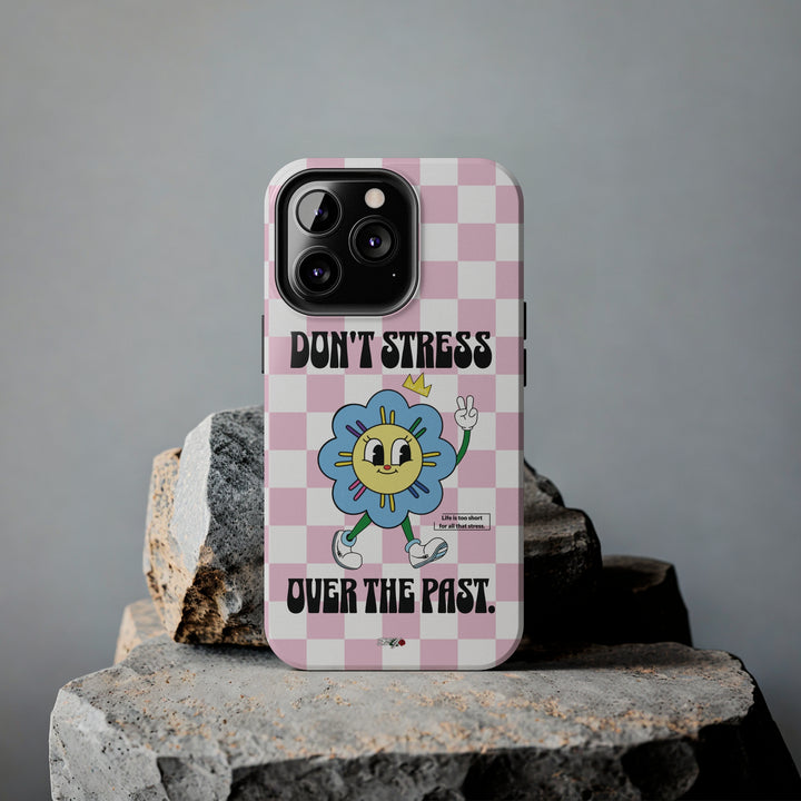 Another lifestyle image of the Don’t Stress Over The Past iPhone case, blending inspiration with everyday use.

