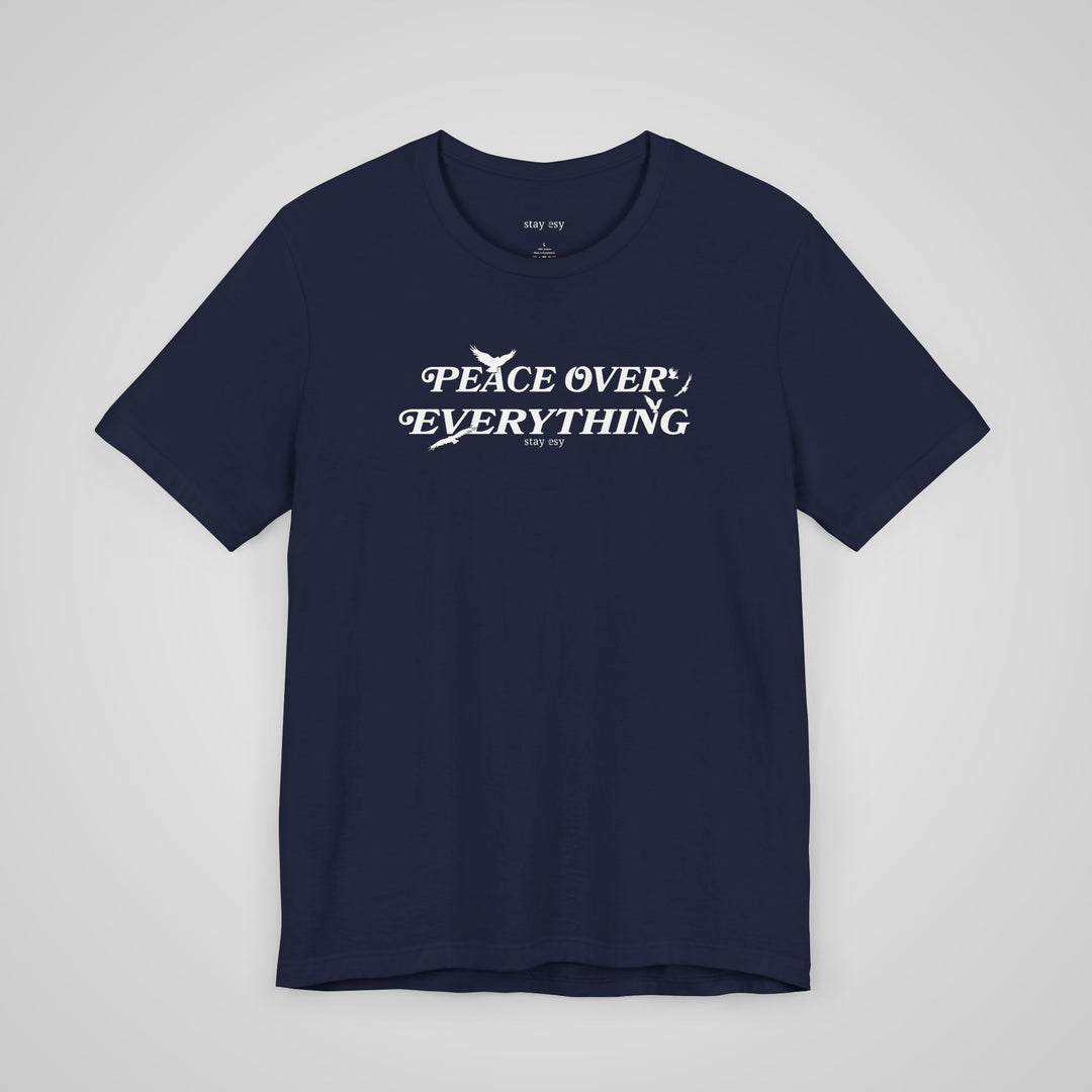 Peace Over Everything navy mental health awareness t-shirt – front view, a stylish and meaningful awareness tee