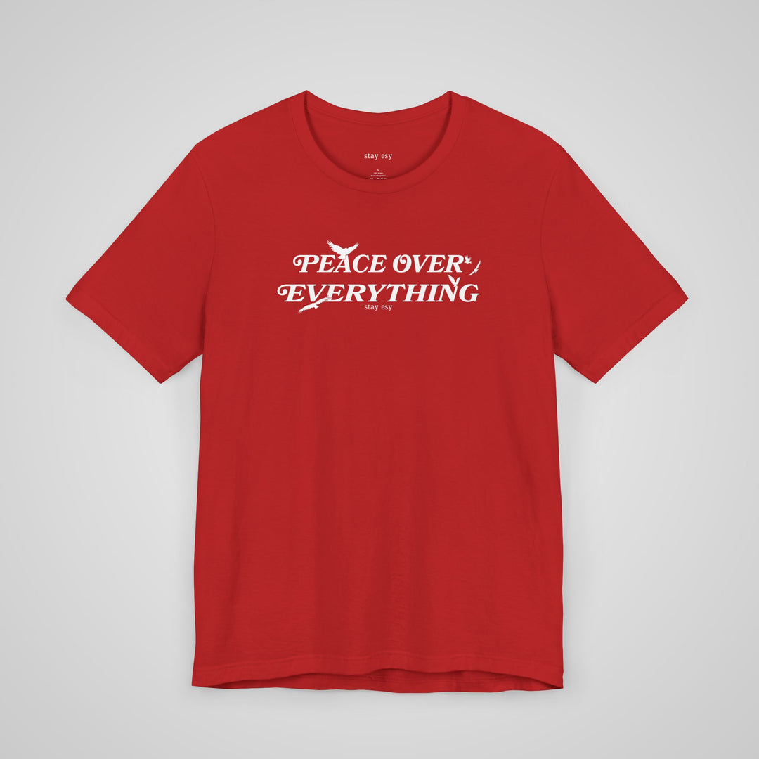 Peace Over Everything red mental health awareness t-shirt – front view, a vibrant and bold self-care shirt