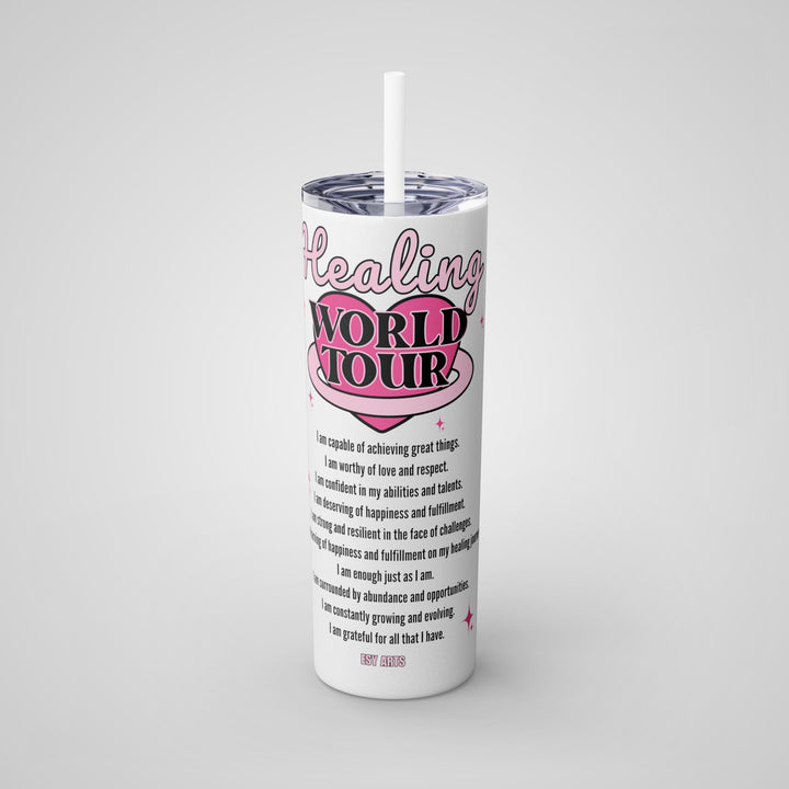 Alternative front view of the Positive Affirmations 20oz Tumbler, emphasizing its high-quality material and motivational design.