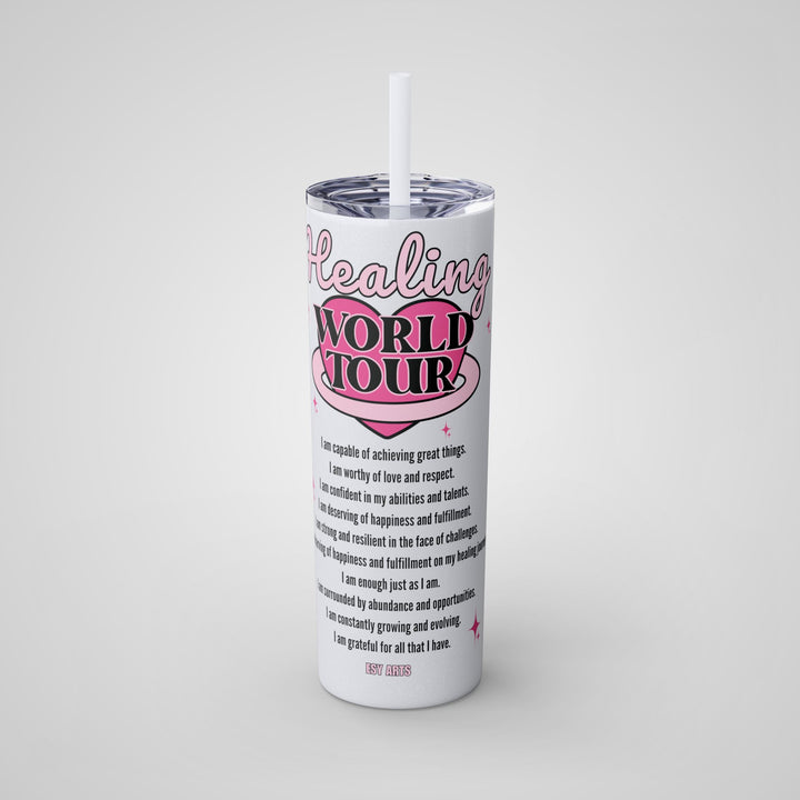 Healing World Tour Positive Affirmations 20oz Tumbler – front view of this mental health matters tumbler, crafted for daily inspiration.
