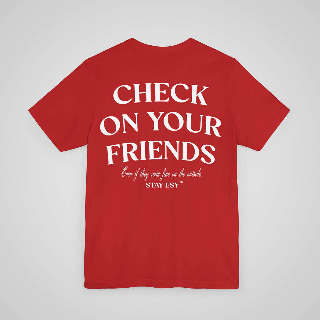 Back view of red mental health awareness clothing reminding people to support loved ones