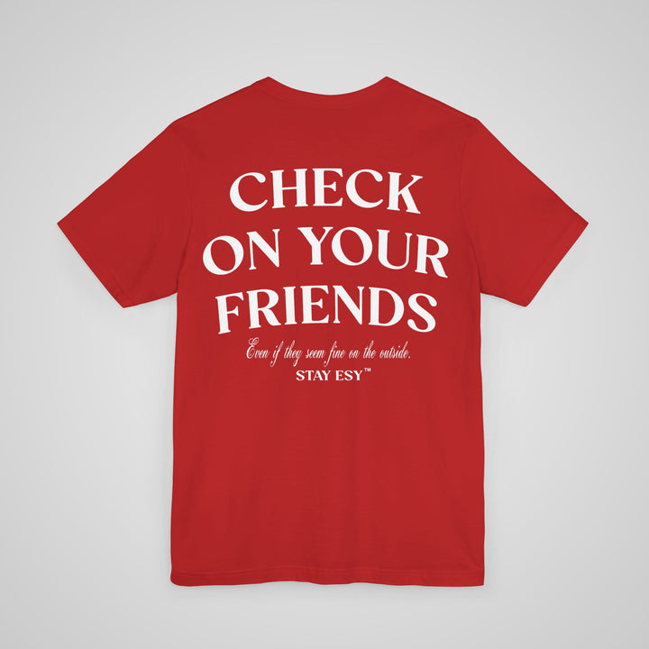 Back view of red mental health awareness clothing reminding people to support loved ones