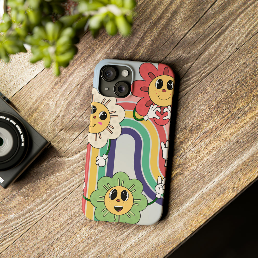 Backside view of the Retro Cartoon Flowers iPhone case, displaying its vibrant design and durable protection.

