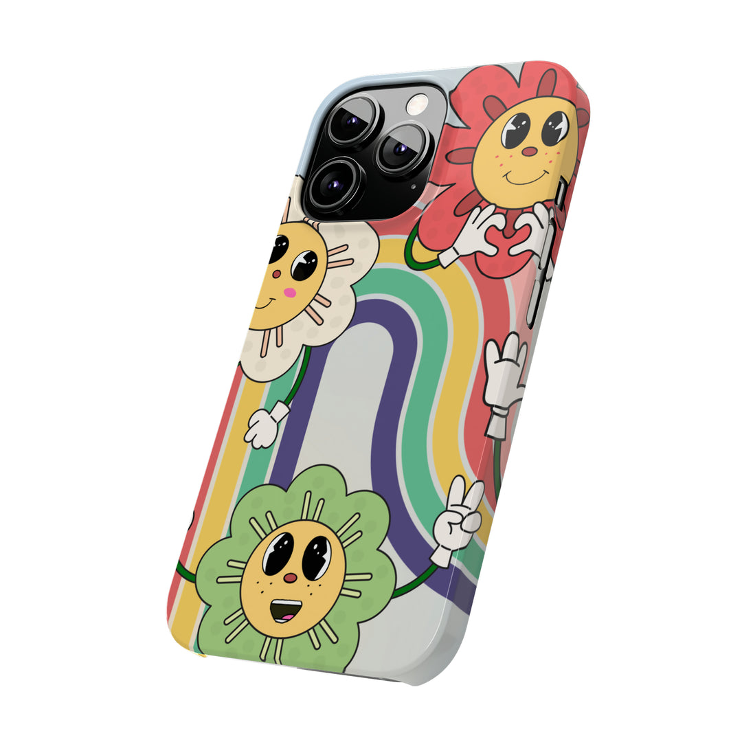 Another lifestyle shot of the Retro Cartoon Flowers iPhone case, showing its trendy retro design.
