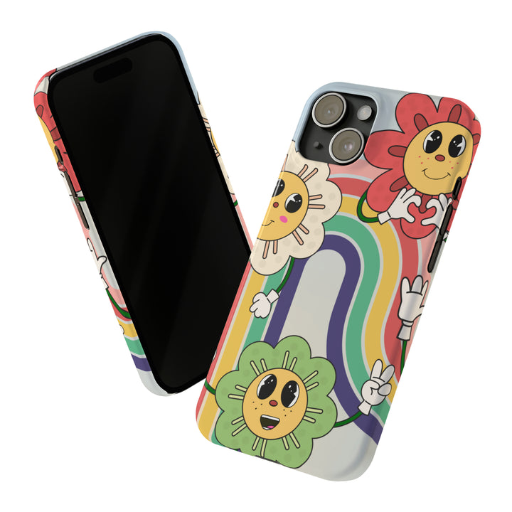 Lifestyle image of the Retro Cartoon Flowers iPhone case, featuring a stylish and colorful floral pattern in everyday use.

